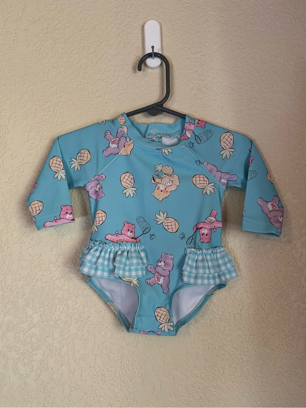 Care Bears Baby 0-3M Rash Guard Swimsuit Aqua Pineapple Gingham Ruffle